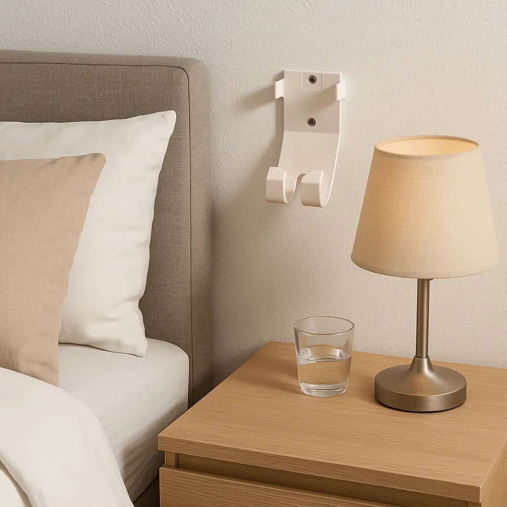 Med-Pat BR-31 Wall Mount Holder installed beside a bed, featuring a bedside lamp and glass of water.