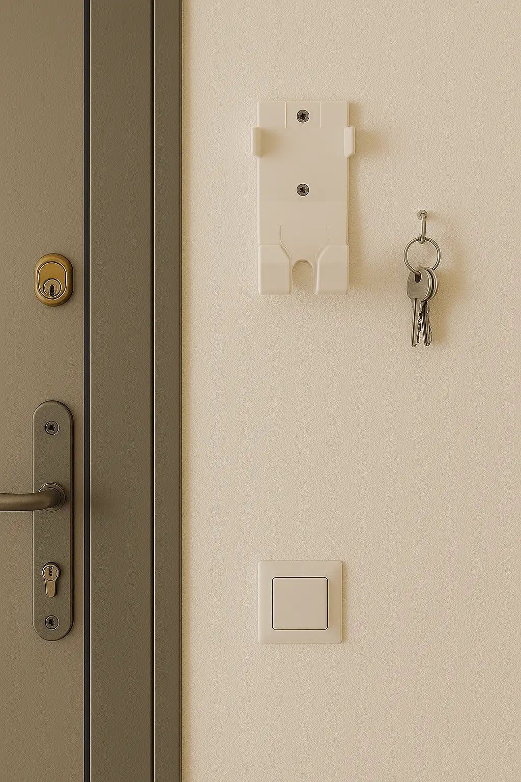 Med-Pat BR-31 wall mount holder installed on a wall near a door, with keys hanging beside it.