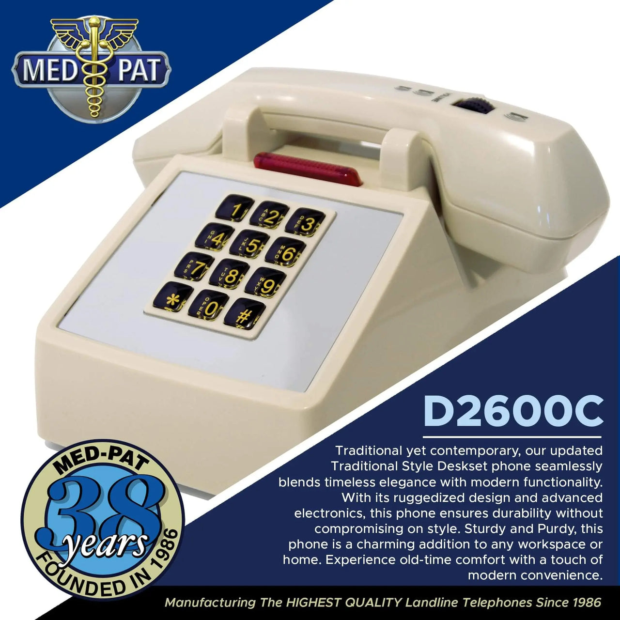 Med-Pat D2600C Retro Corded Desk Phone – Beige Analog Landline with Volume & Hearing Aid Support - MedPat Solutions