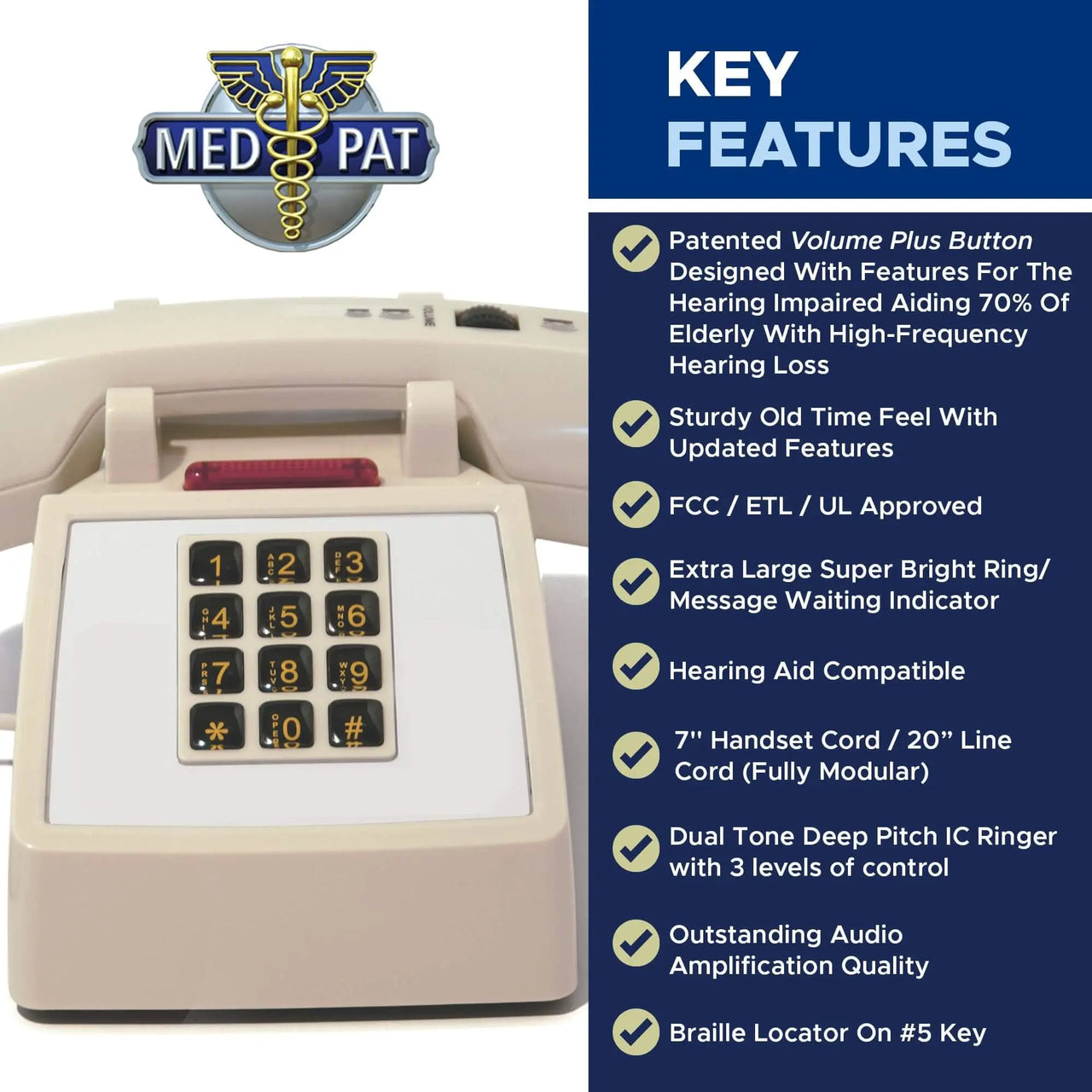 Med-Pat D2600C Retro Corded Desk Phone – Beige Analog Landline with Volume & Hearing Aid Support - MedPat Solutions