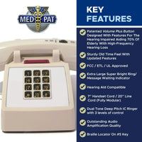 Med-Pat D2600C Retro Corded Desk Phone – Beige Analog Landline with Volume & Hearing Aid Support - MedPat Solutions