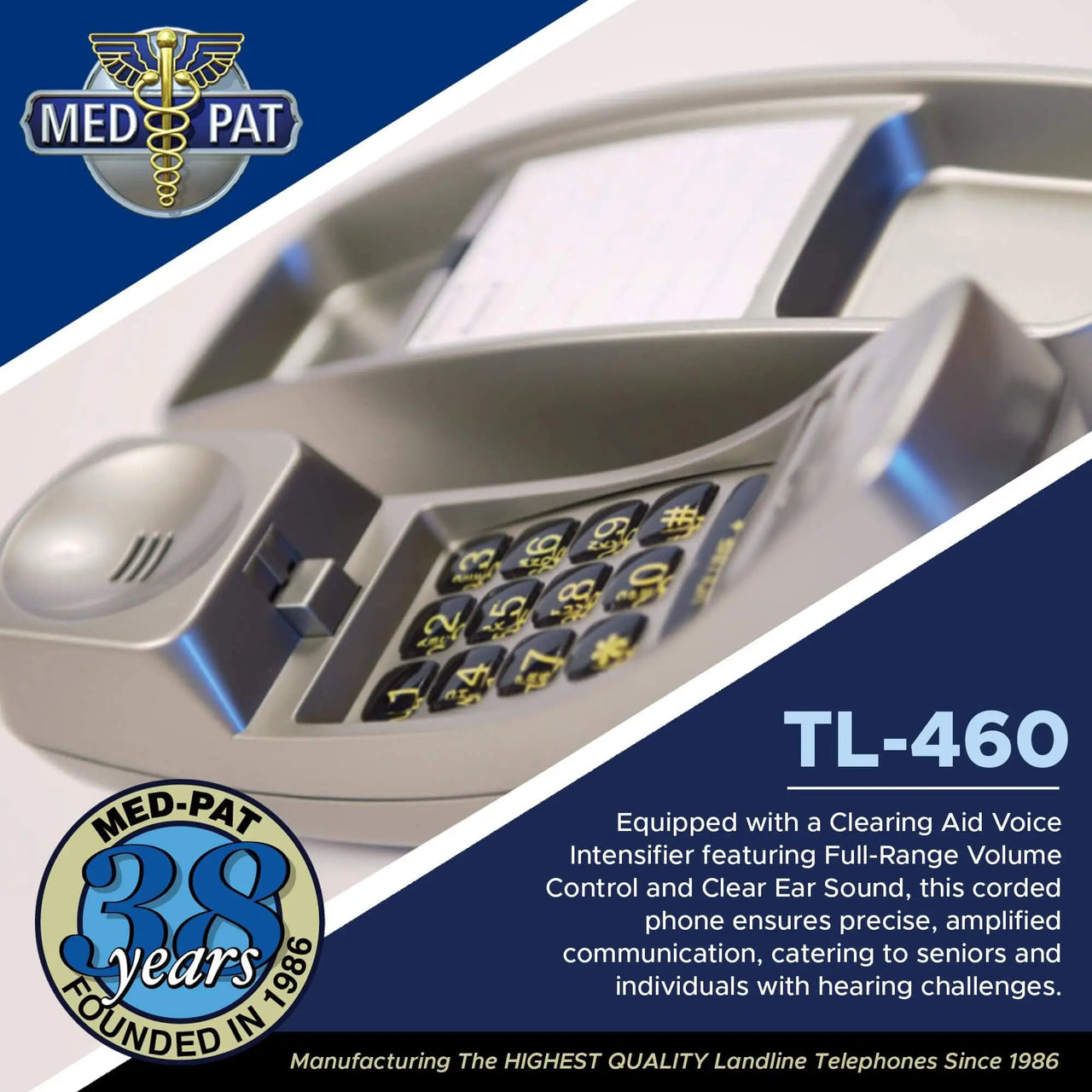 Med-Pat TL-460 Trimline Landline Phone – Wall Mount, Volume Boost, Lighted Ring for Seniors - MedPat Solutions