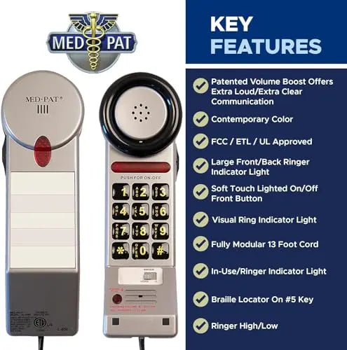 Med-Pat XL3060 Pewter Landline Phone – Volume Boost, Visual Ring Light, Hearing Aid Compatible - MedPat Solutions
