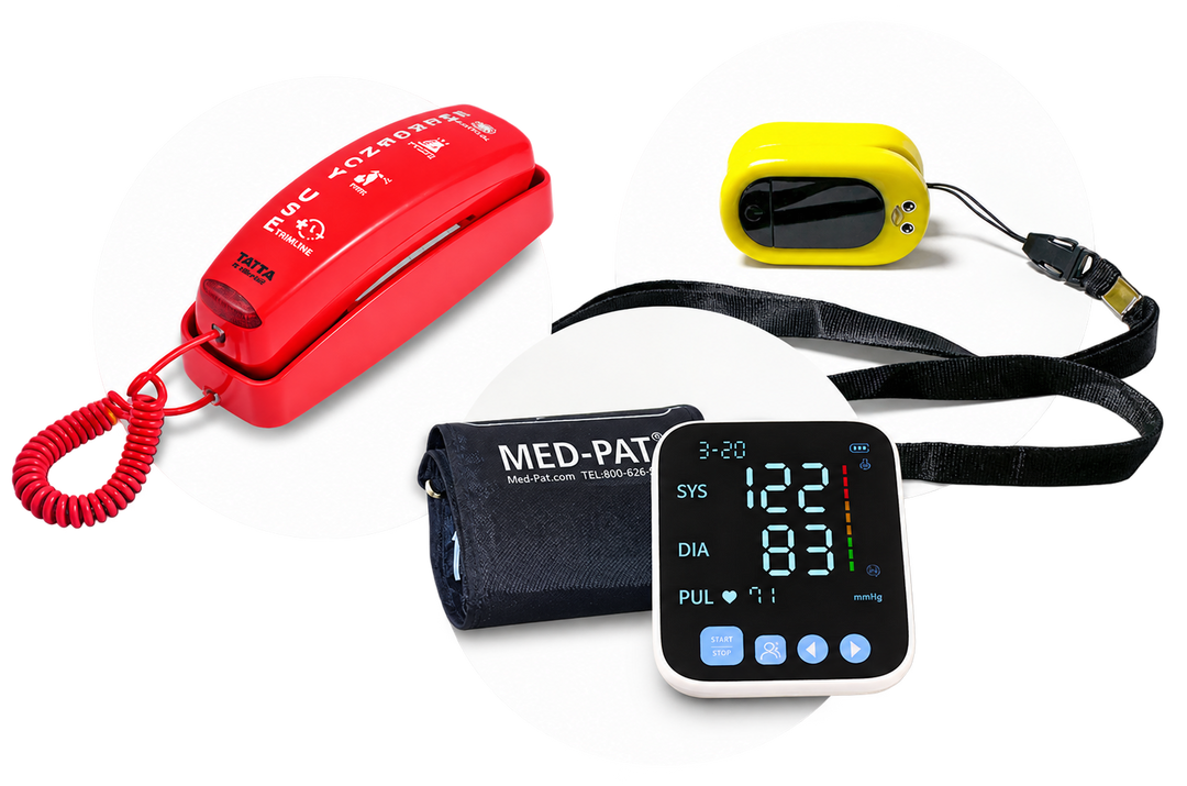 Med-Pat emergency landline phone, Ducky pulse oximeter and blood pressure monitor.