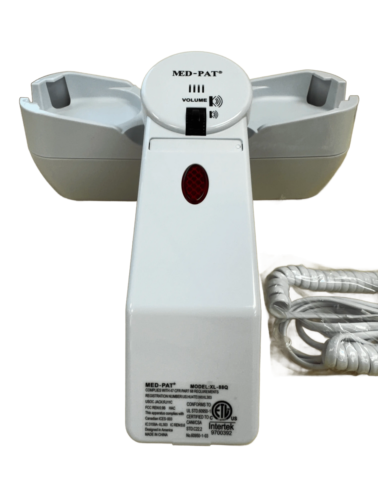 Med-Pat XL88Q large button phone with adjustable holder for seniors, featuring amplified sound and visual alert.