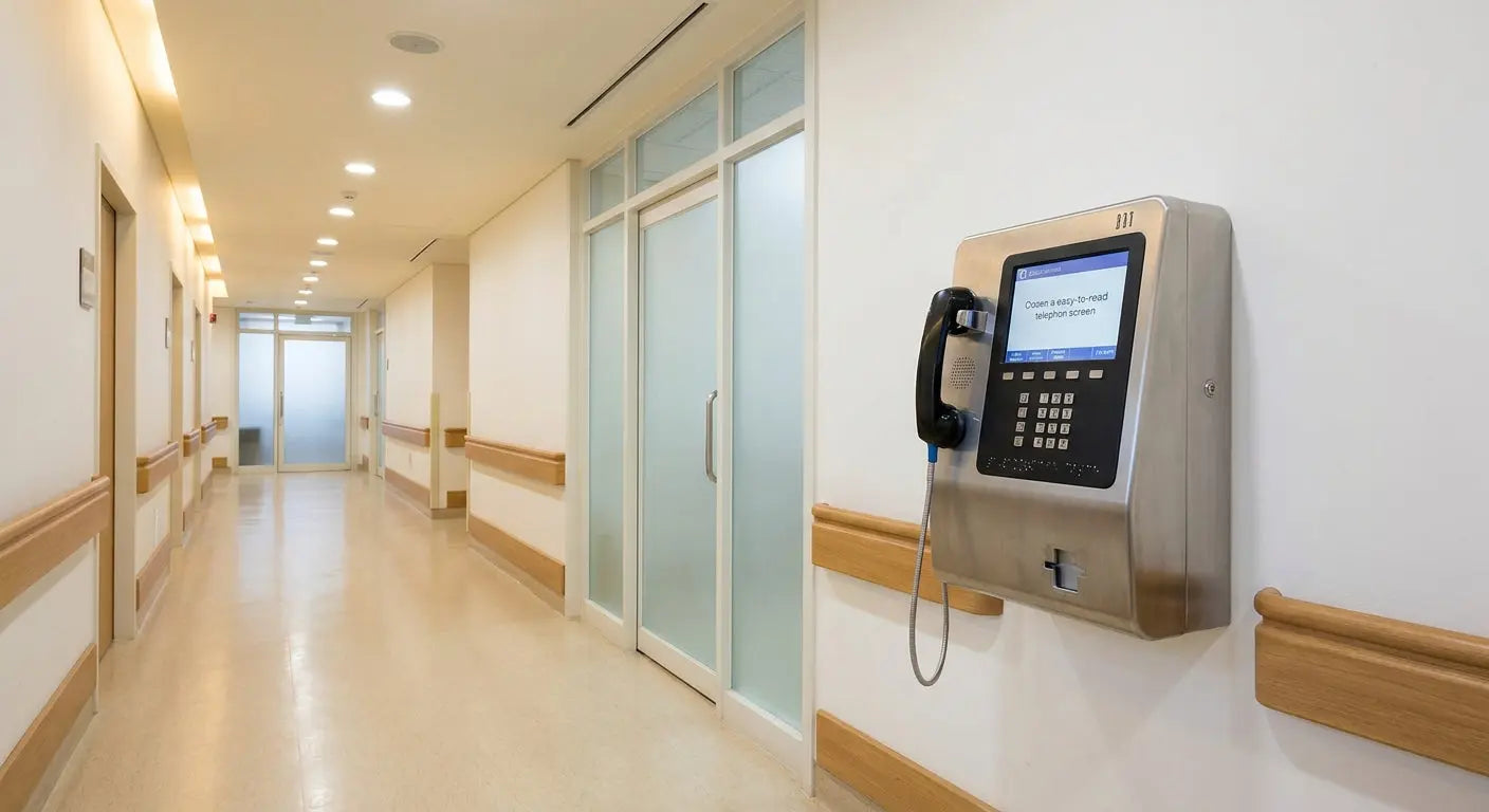 A modern assisted living hallway featuring a wall-mounted accessible telephone unit, with clean neutral tones and ADA-friendly architectural details conveying safety and compliance.
