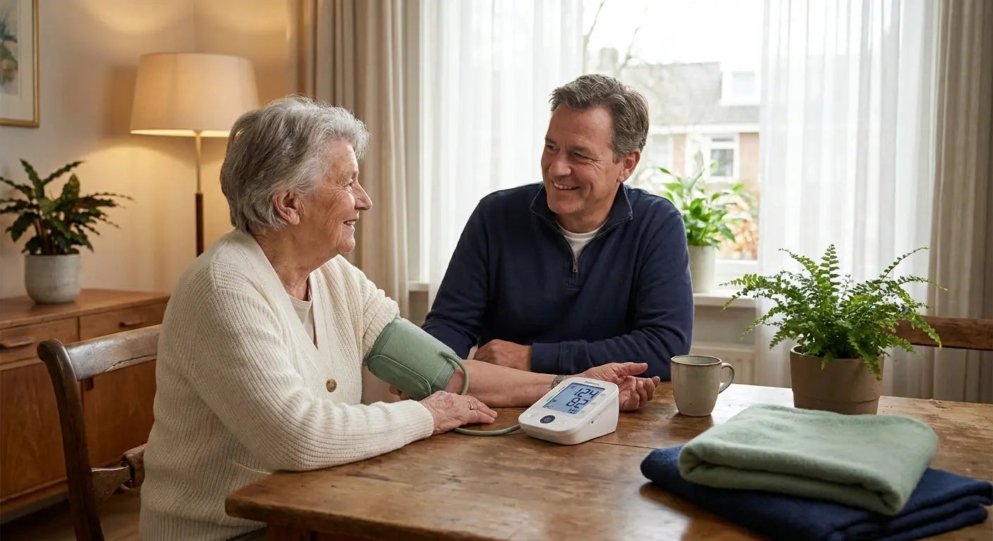 An elderly person and a middle-aged adult sit together at a home table with a blood pressure monitor nearby, bathed in warm natural light.
