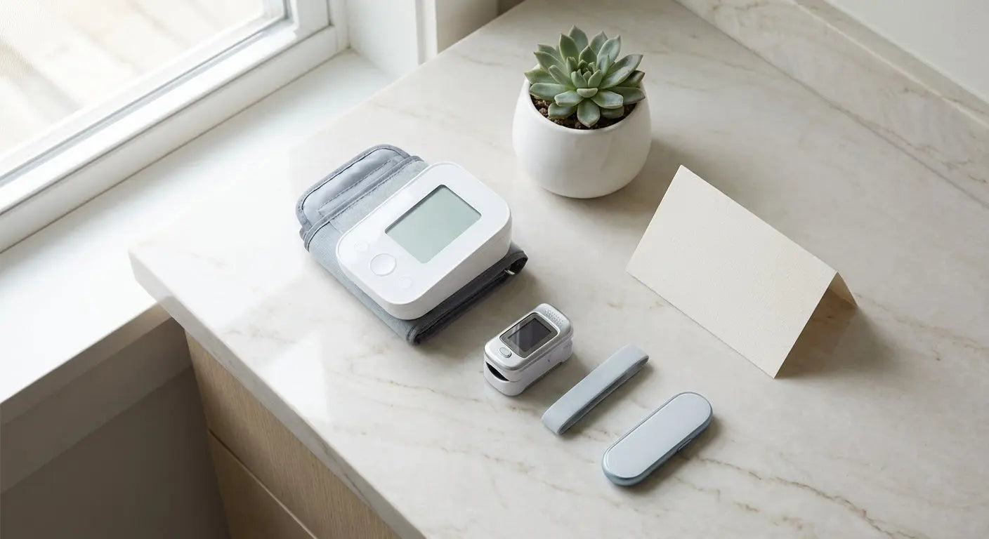 A neatly arranged collection of home health monitoring devices including a blood pressure monitor and pulse oximeter on a clean marble surface with soft natural lighting.