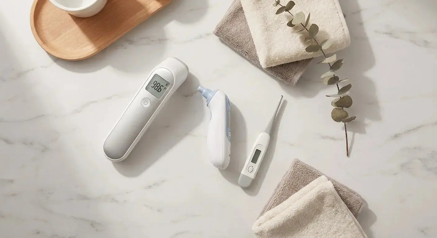 Three types of home thermometers — infrared forehead, ear, and oral — arranged on a clean white marble surface in soft natural light.