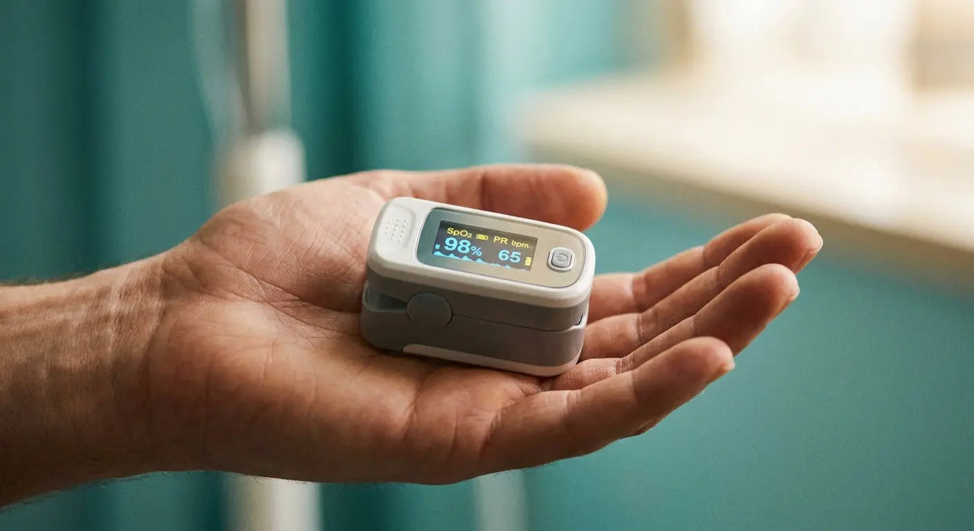 A pulse oximeter resting on an open palm against a soft teal and white background, conveying calm and reassurance in home health monitoring.