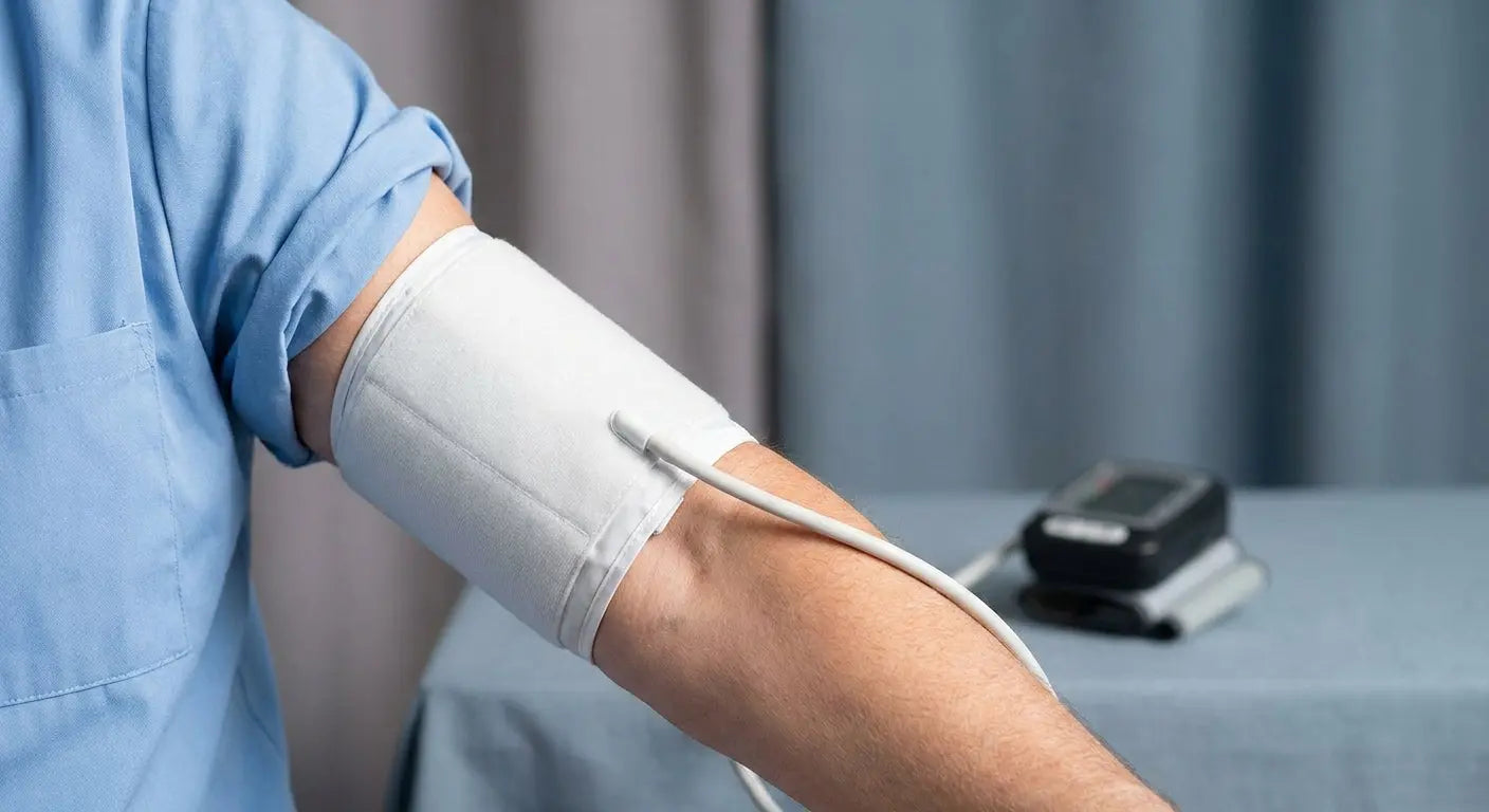 A properly fitted blood pressure cuff on an upper arm, with a wrist monitor blurred in the background, illustrating the clinical comparison between the two measurement methods.