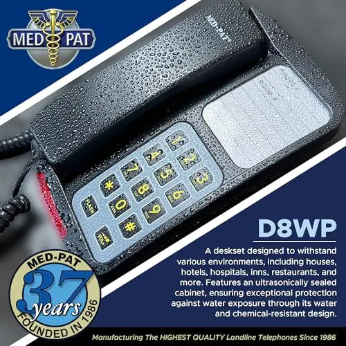 Med-Pat D8WP Waterproof Desk & Wall-Mountable Phone | Oversized Buttons, Ring Light, Volume Control – For Hospitals, Pools & Wet Areas – Black or Cream - MedPat Solutions