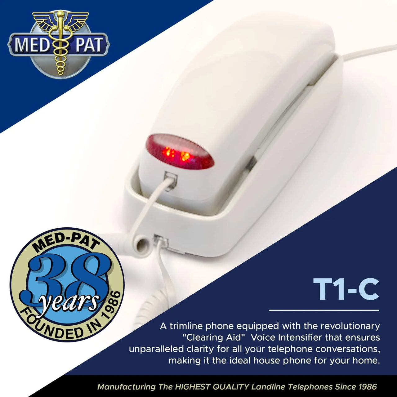 Med-Pat T1C Sleek Trimline Corded Telephone – Dove Gray | Wall-Mountable, Hearing Aid Compatible, Ring/In-Use Light - MedPat Solutions