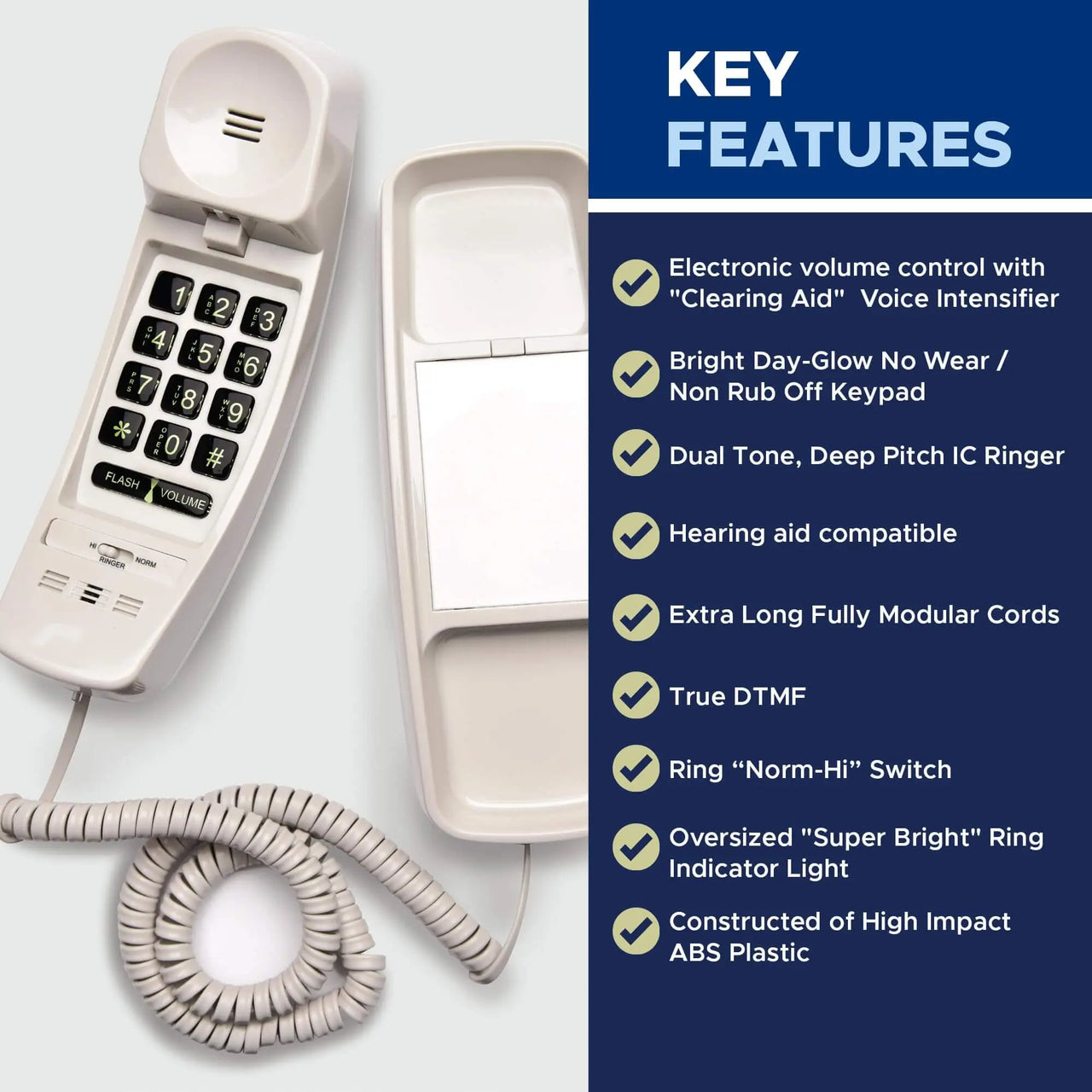 Med-Pat T1C Sleek Trimline Corded Telephone – Dove Gray | Wall-Mountable, Hearing Aid Compatible, Ring/In-Use Light - MedPat Solutions