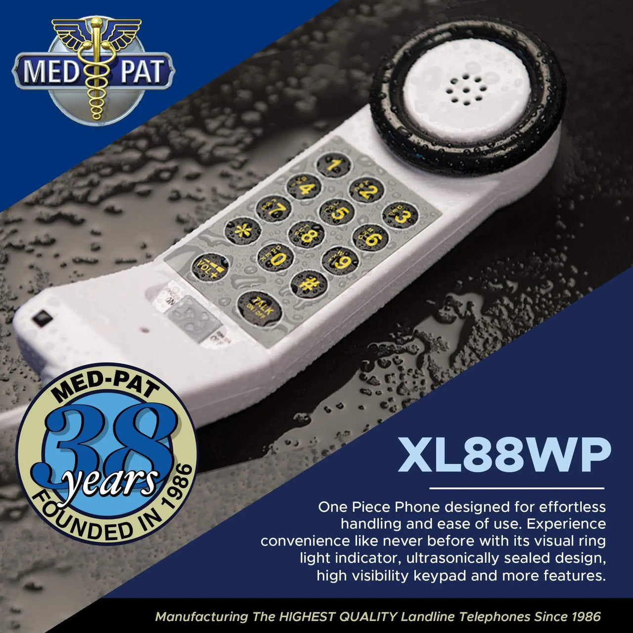Med‑Pat XL88WP Waterproof One‑Piece Telephone – Visual Ring Light, Full‑Range Volume, High‑Visibility Keypad (White) - MedPat Solutions