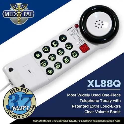 Med-Pat XL88Q One-Piece Phone – Extra-Loud Volume, Visual Ring, Water-Resistant, Hearing Aid Compatible - MedPat Solutions