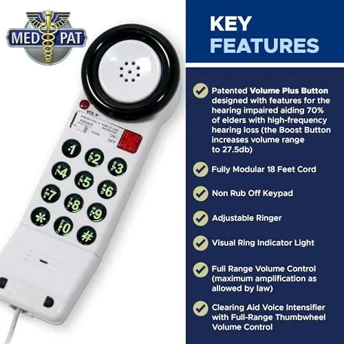 Med-Pat XL88Q One-Piece Phone – Extra-Loud Volume, Visual Ring, Water-Resistant, Hearing Aid Compatible - MedPat Solutions
