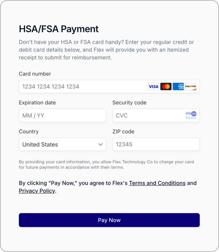 Illustrative Flex HSA/FSA card payment form