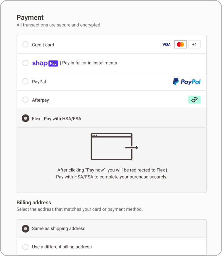 Illustrative Shopify payment options with Flex: Pay with HSA/FSA selected
