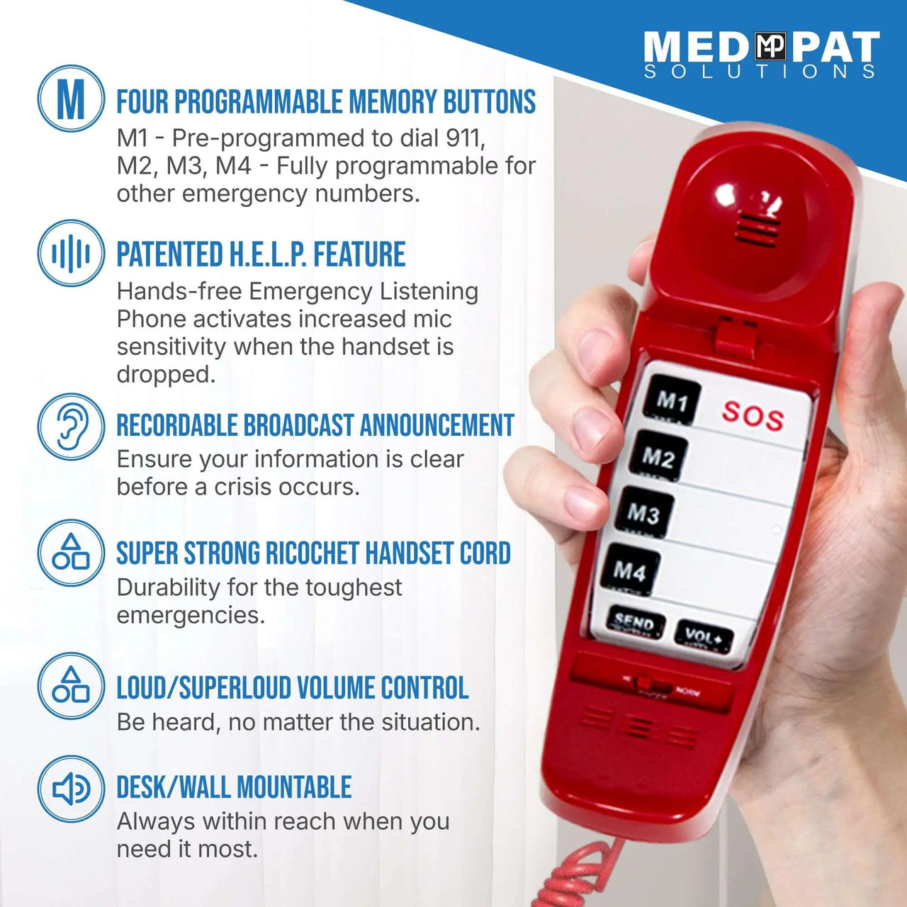 FIRST M by TAFEA Emergency Phone | One-Button 911 Dialer, Programmable M2–M4, Hands-Free Listening, Loud Ringer – Ideal for Homes, Gyms, Hospitals, Hotels & Public Spaces - MedPat Solutions