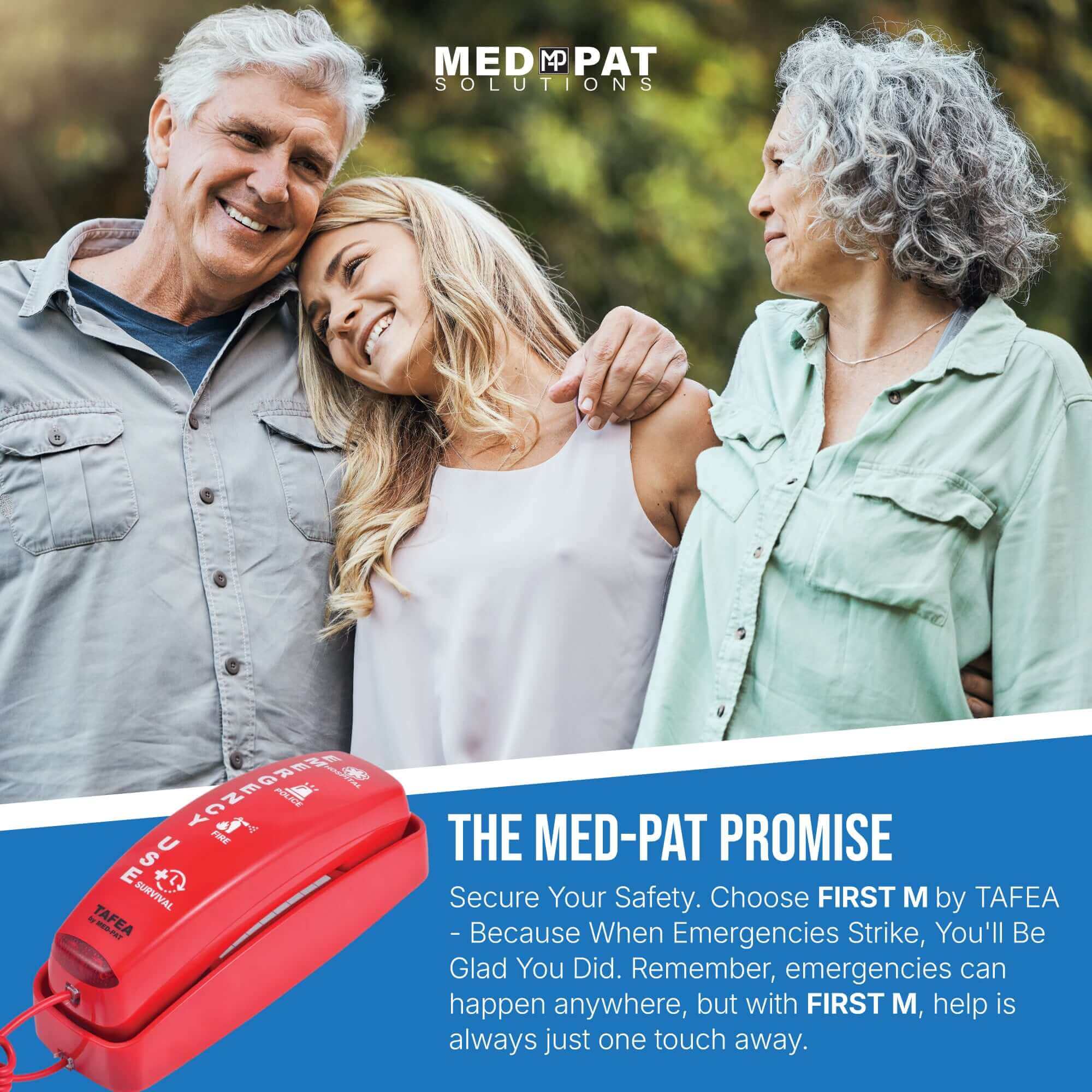 FIRST M by TAFEA Emergency Phone | One-Button 911 Dialer, Programmable M2–M4, Hands-Free Listening, Loud Ringer – Ideal for Homes, Gyms, Hospitals, Hotels & Public Spaces - MedPat Solutions
