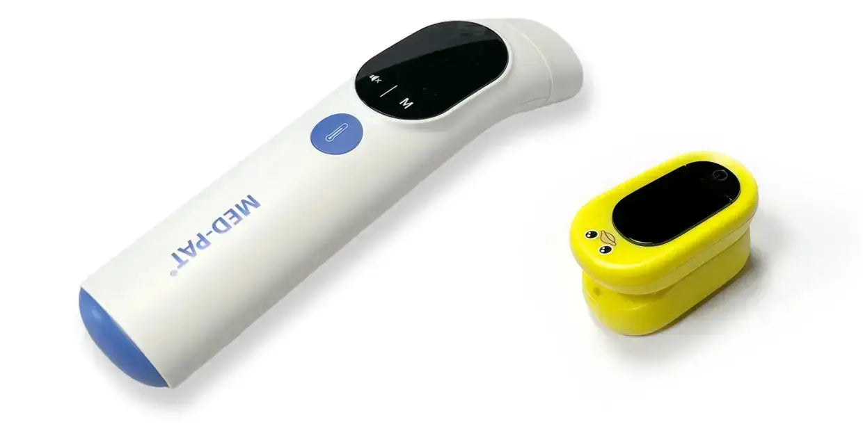 Med-Pat Healthy Kids Bundle with Ducky Pulse Oximeter and TH-1 Infrared Thermometer for child-friendly health monitoring.